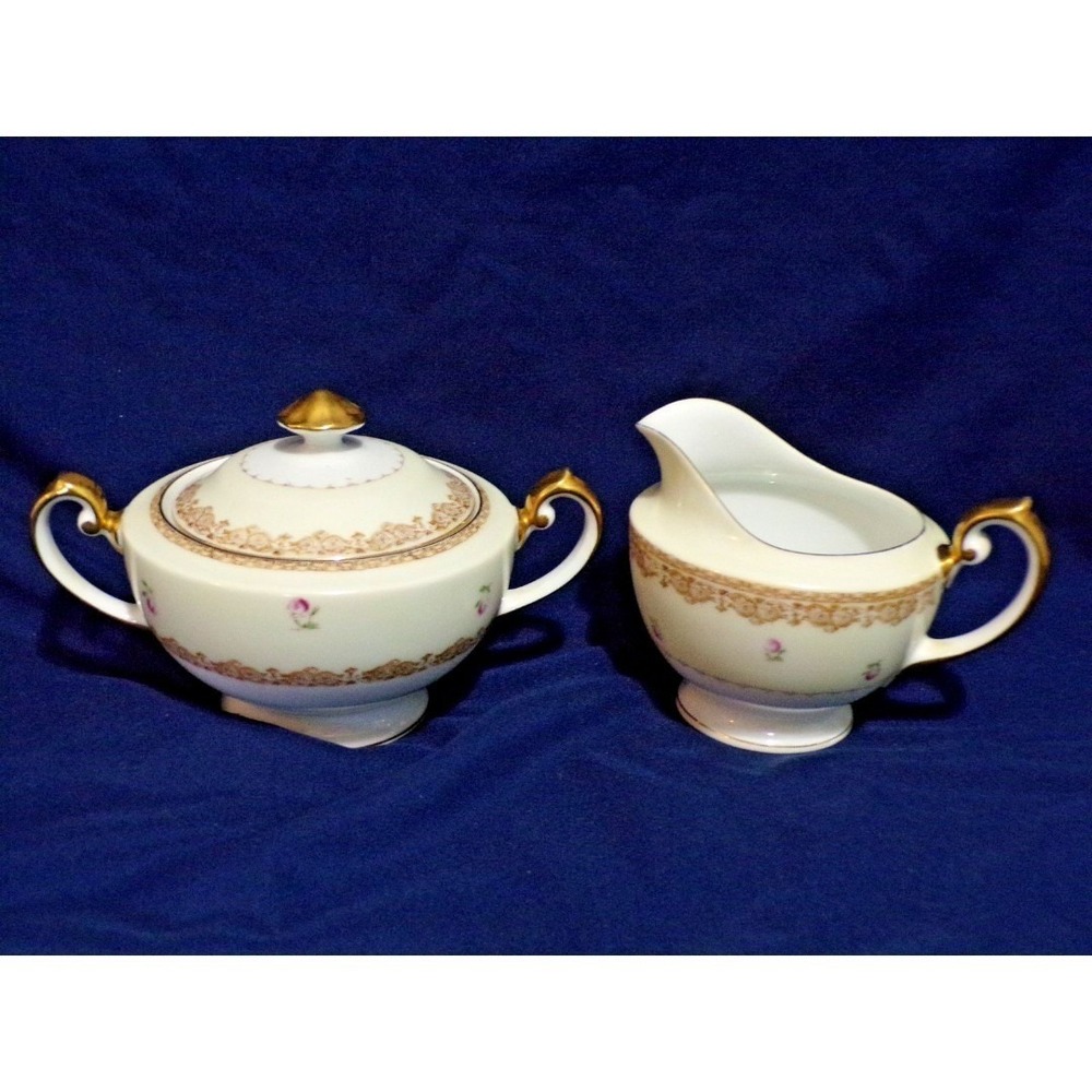 Meito China Set 1940s Gold Rimmed Floral design Hand Painted Creamer & Sugar Set